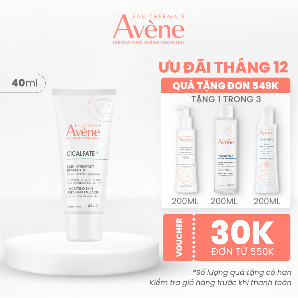 Sữa dưỡng phục hồi Eau Thermale Avène CICALFATE+ HYDRATING SKIN REPAIRING EMULSION 40ml giúp làm dịu da dùng được cho da sau can thiệp thẩm mỹ.