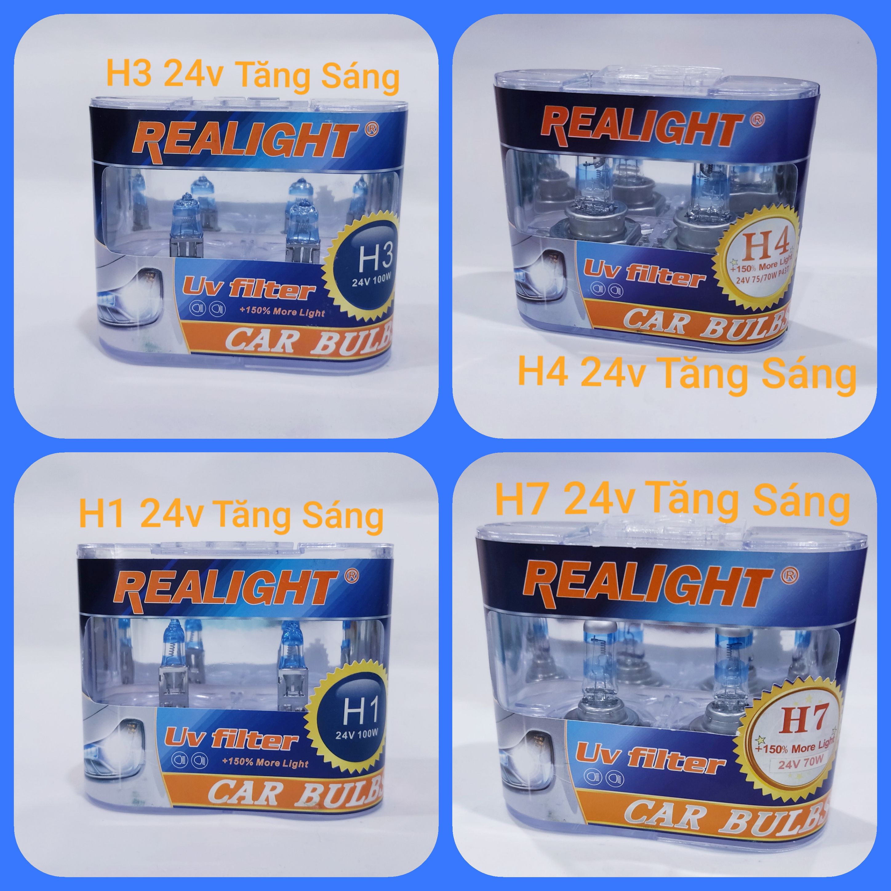 Bóng đèn halogen 100w đèn xe tải h1,h3,h4,h7 tăng sáng 24v chính hãng 2 bóng đèn , đèn gầm , đèn pha cos