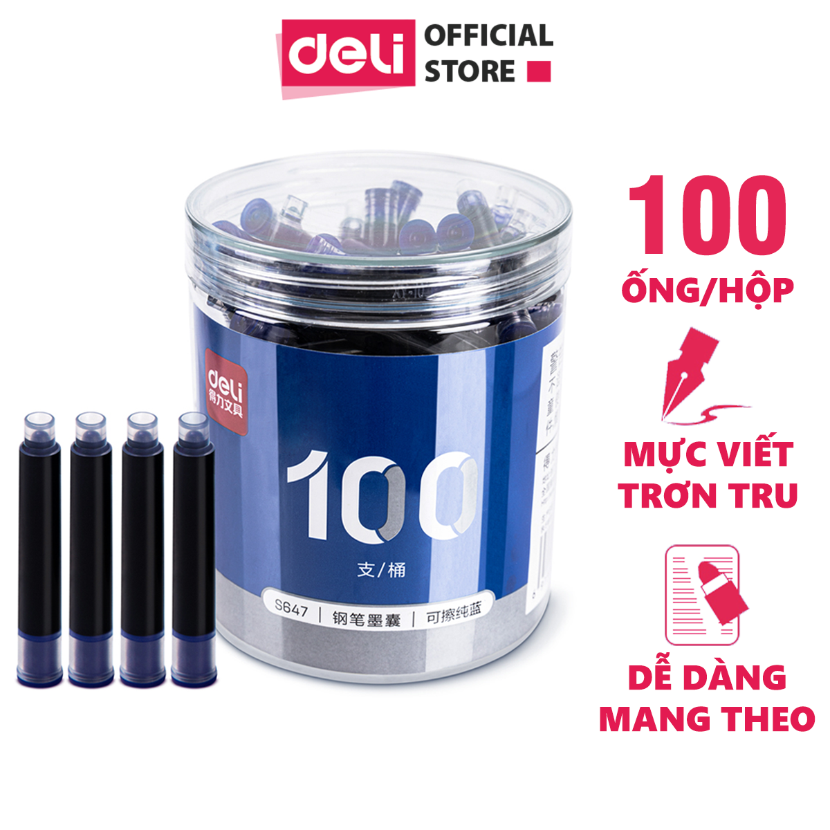 Ống mực xanh thay thế bút máy Deli- 100 chiếc/hộp - S647