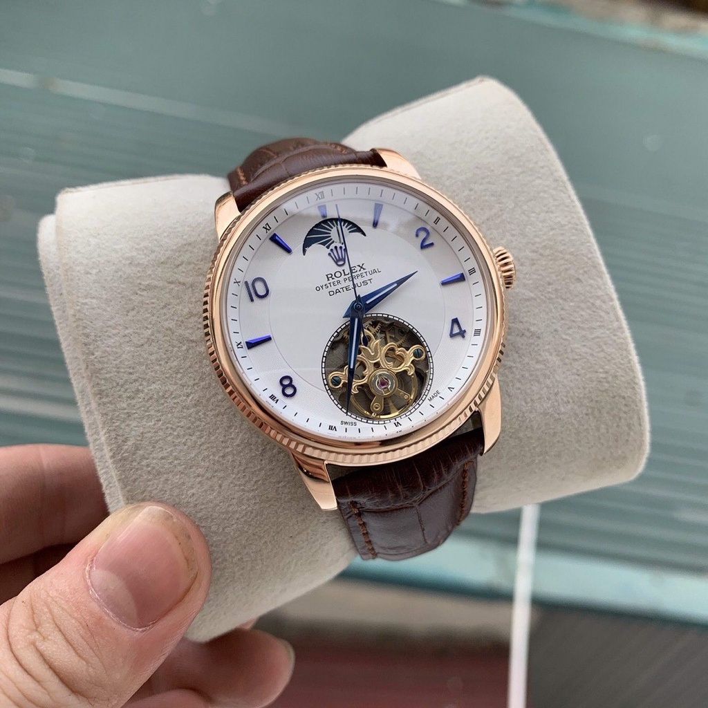 Đồng hồ nam rolex ra025 máy cơ automatic nhật dây da lộ tim cơ tourbilon