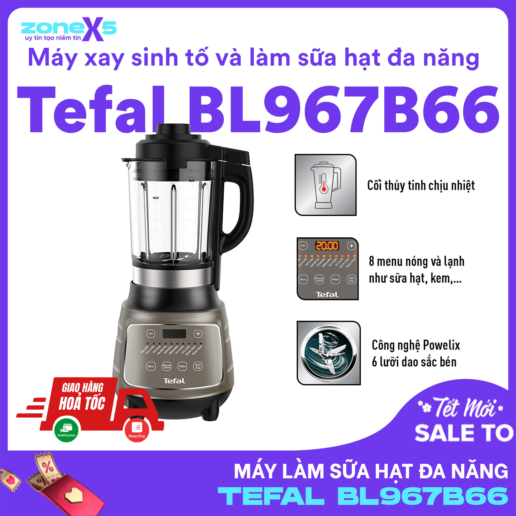 Máy xay sinh tố và làm sữa hạt đa năng Tefal BL967B66 - 1300W - Lưỡi dao với công nghệ Powelix - Hàng chính hãng