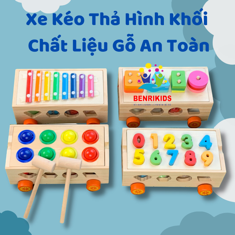 Đồ chơi xe thả số thả khối kết hợp đàn xylophone trò đập bóng vui nhộn bằng gỗ - đồ chơi thông minh cho bé