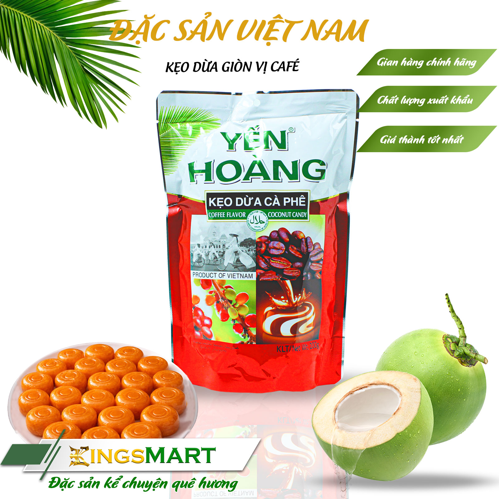 [Siêu Ghiền] Kẹo dừa giòn vị café – Thương hiệu Yến Hoàng – Túi 100g -  Đặc sản Bến Tre - Túi 100g - Kingsmart