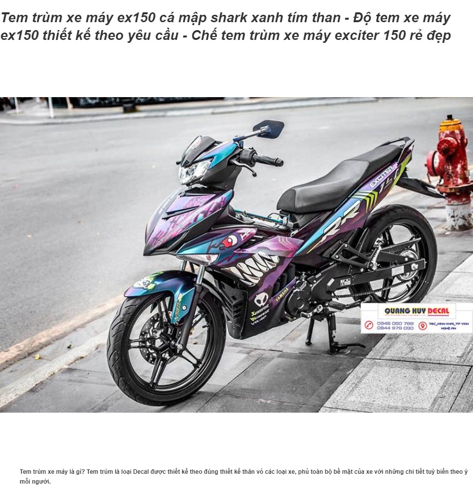 Tem trùm xe máy ex150 cá mập shark xanh tím than - Độ tem xe máy ex150 thiết kế theo yêu cầu - Chế tem trùm xe máy exciter 150 rẻ đẹp