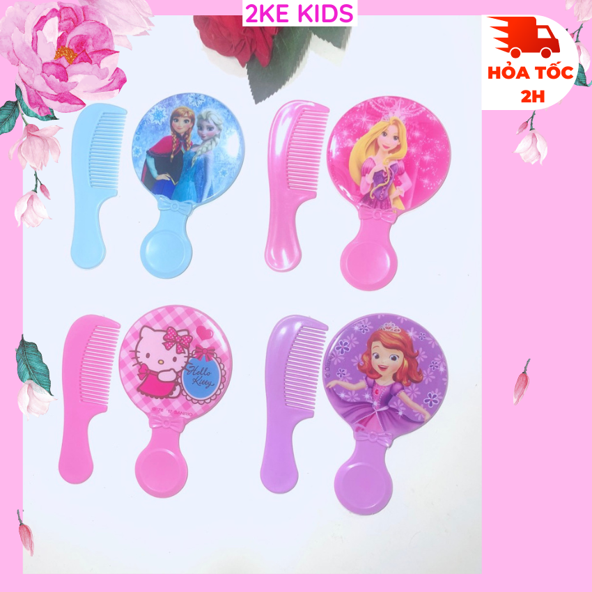 Bộ gương + lược công chúa elsa công chúa shophia công chúa tóc mây mèo kitty hoạt hình cho bé gái- 2KE KIDS