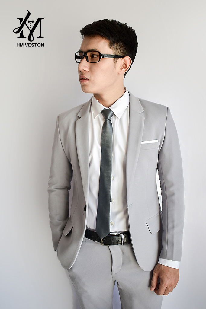 Bộ vest nam màu xám ghi form ôm body + cà vạt nơ