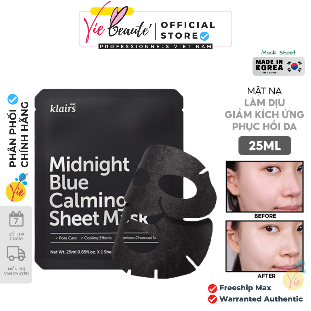 Mặt Nạ Giảm Mụn Mask Klairs Midnight Blue Calming Sheet Dịu Da, Giảm Nhờn Và Giảm Mụn Đầu Đen 25ml