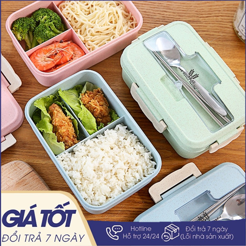 Hộp đựng cơm 3 ngăn - Hộp Cơm Văn Phòng Khay nhựa 3 Ngăn Có Giá Điện Thoại Tặng Thìa Đũa Inox Cao Cấp - Hộp cơm lúa mạch 3 ngăn tiện dụng