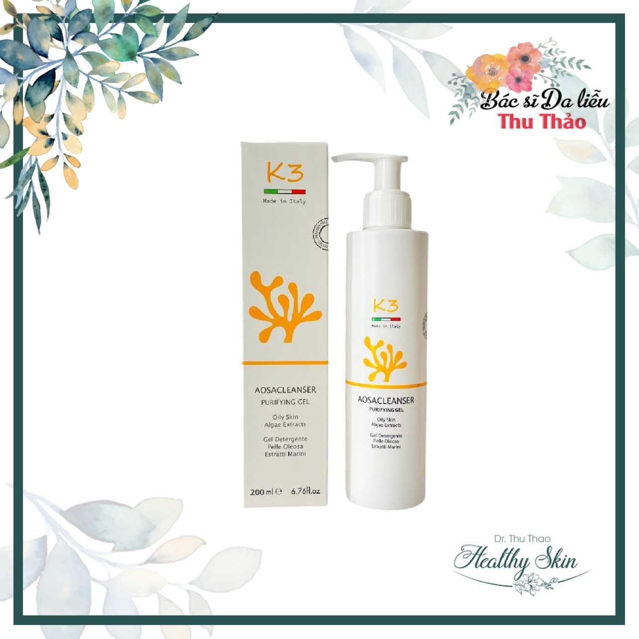 Sữa rửa mặt giảm nhờn dành cho da dầu mụn k3 aosacleanser purifying gel
