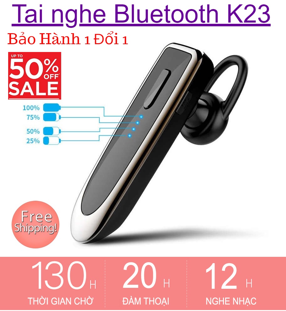 Tai nghe bluetooth không dây K23 với thiết kế pin khủng lên đến 260mAh khả năng chống nước hiệu quả có tặng kèm tai nghe phụ để nghe 2 bên