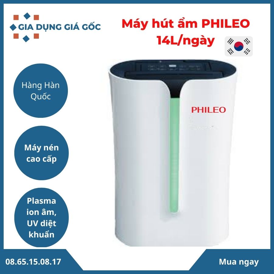 Máy hút ẩm phileo 14l/ngày - lọc không khí, uv diệt khuẩn, sấy khô quần áo