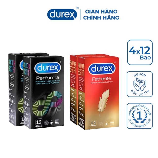 BỘ 4 HỘP BCS DUREX FETHERLITE + PERFORMA TẶNG KÈM GEL DUREX PLAY 50 ML