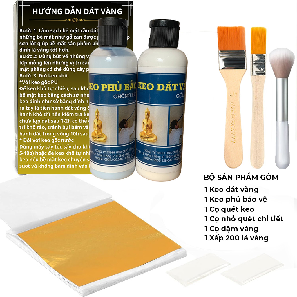 Combo vật liệu dát vàng gồm lá vàng, keo và bộ cọ chuyên nghiệp