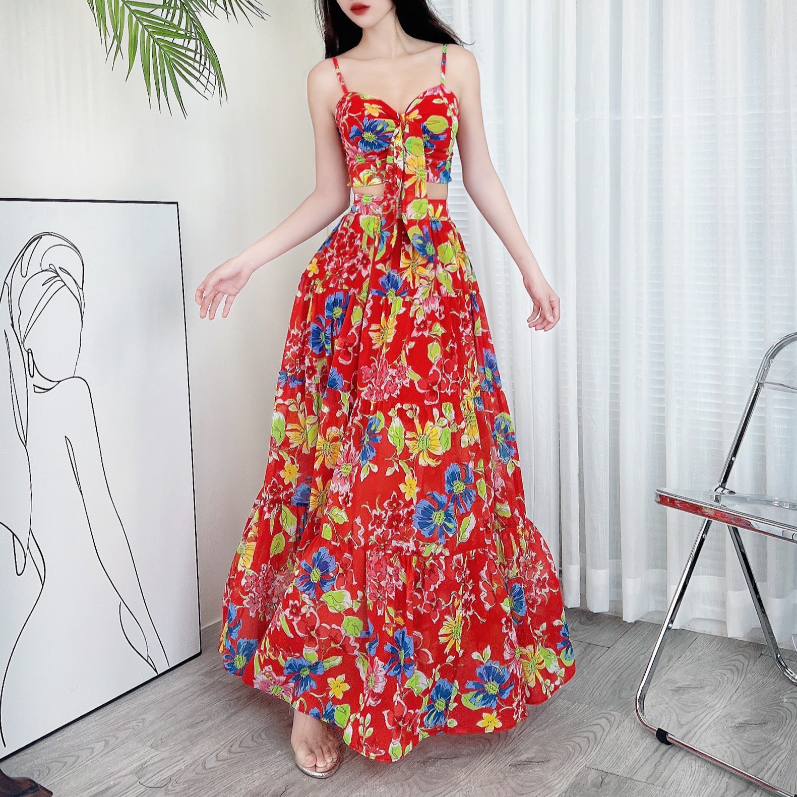 Set váy áo hay dây cúp ngực kèm chân váy hoa xẻ mimix ci0220