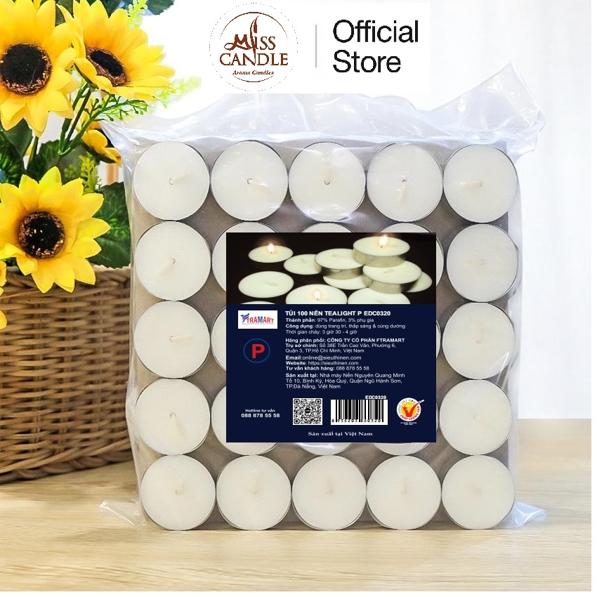 Túi 100 nến tealight P Miss Candle EDC0320 , cháy 4h, không khói, an toàn sức khỏe, dùng trang trí, đốt tinh dầu