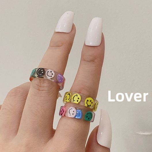 Nhẫn đeo tay đẹp phong cách Hàn quốc ngọt ngào, nhẫn chất liệu nhựa trong suốt hình mặt cười nhiều màu sắc pha trộn, phụ kiện đẹp, thời trang