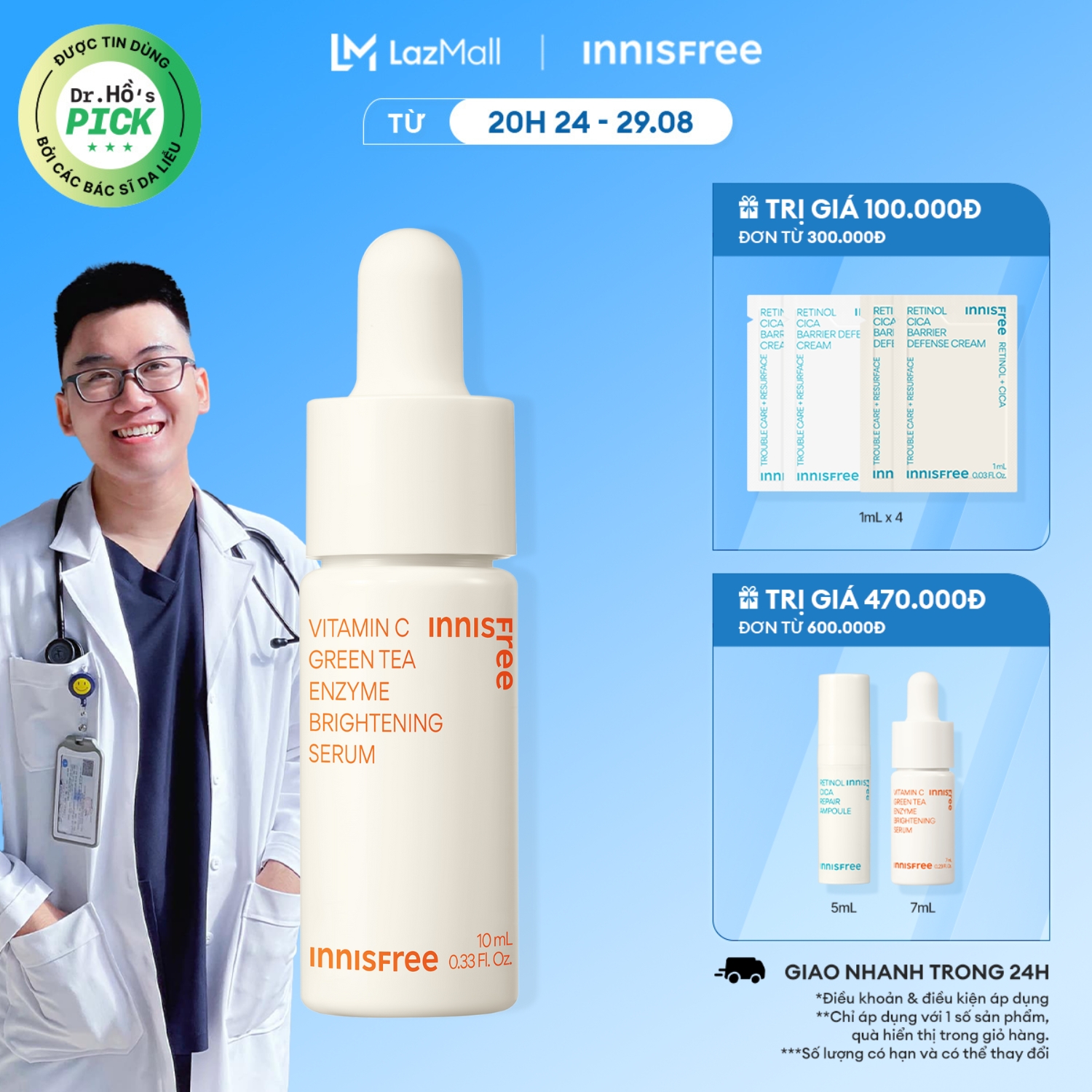 Tinh chất dưỡng sáng da mờ thâm sau 4 tuần INNISFREE Vitamin C Green Tea Enzyme Brightening Serum 10ml
