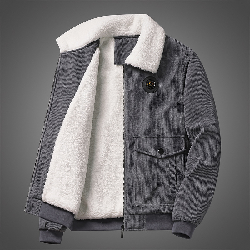 Áo Jacket Nam Áo Bóng Chày Lông CừU Dài Tay Áo Jacket Cổ Bẻ Mùa Đông Nhung Kẻ Thường Ngày Phong Cách Hàn Quốc Thanh Niên Trang Phục Nam