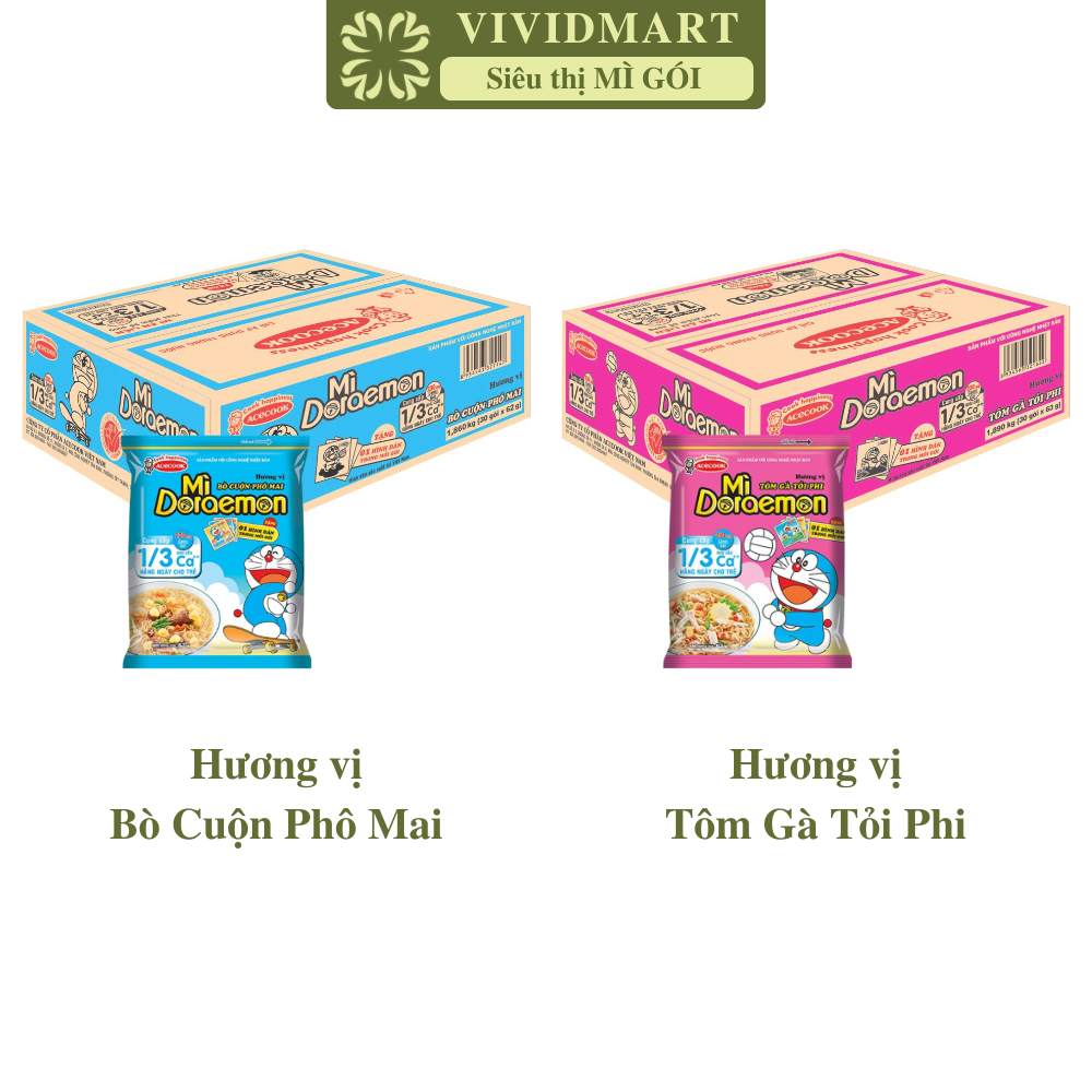 [THÙNG 30 GÓI] - ACECOOK - Mì gói Doraemon 2 vị: Doraemon bò cuộn phô mai và Doraemon tôm gà tỏi phi (62g - 63g/gói) - Mì trẻ em - Mì Doremon bổ sung canxi - Mì Doraemon gói