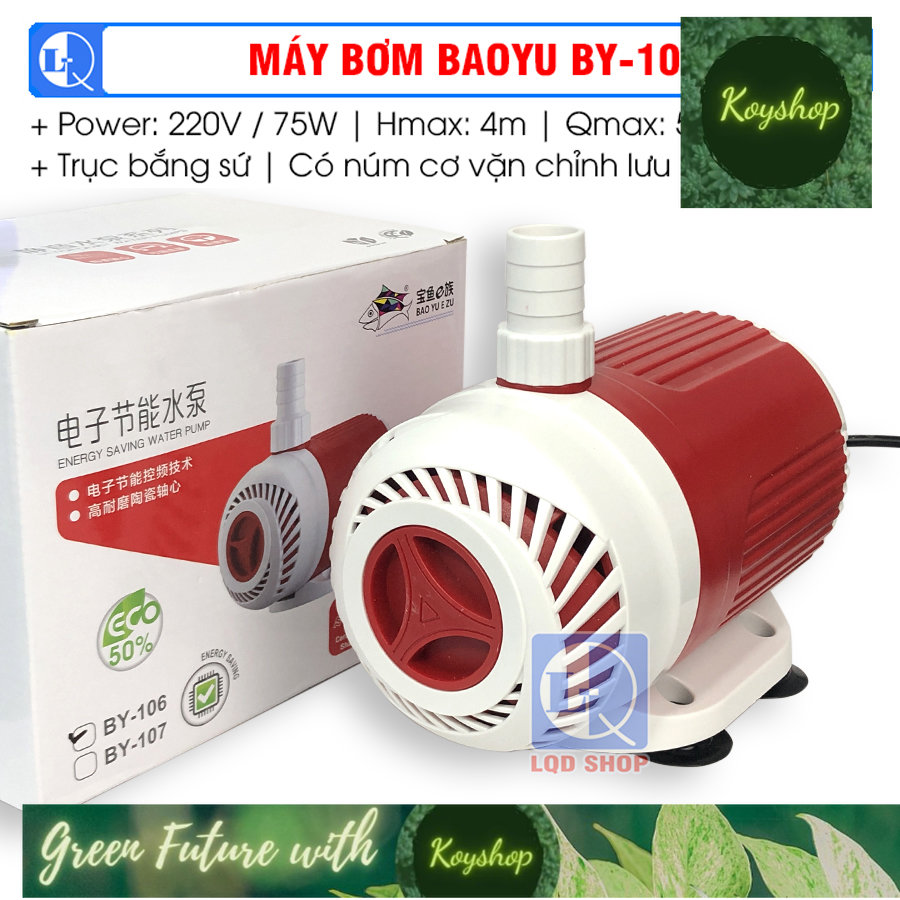 Máy bơm BAOYU BY 106 75W , Hmax 4m, Qmax 5000L H, Trục Sứ Bơm chìm hồ cá