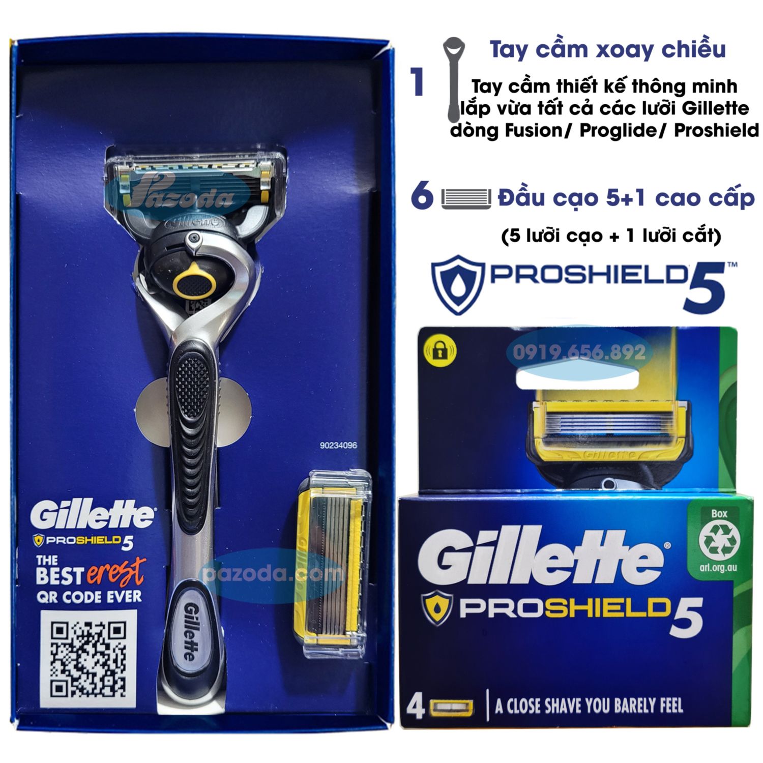Combo dao cạo râu 5 lưỡi Gillette Proshield5 (1 tay cầm xoay chiều và 6 đầu cạo 5+1)