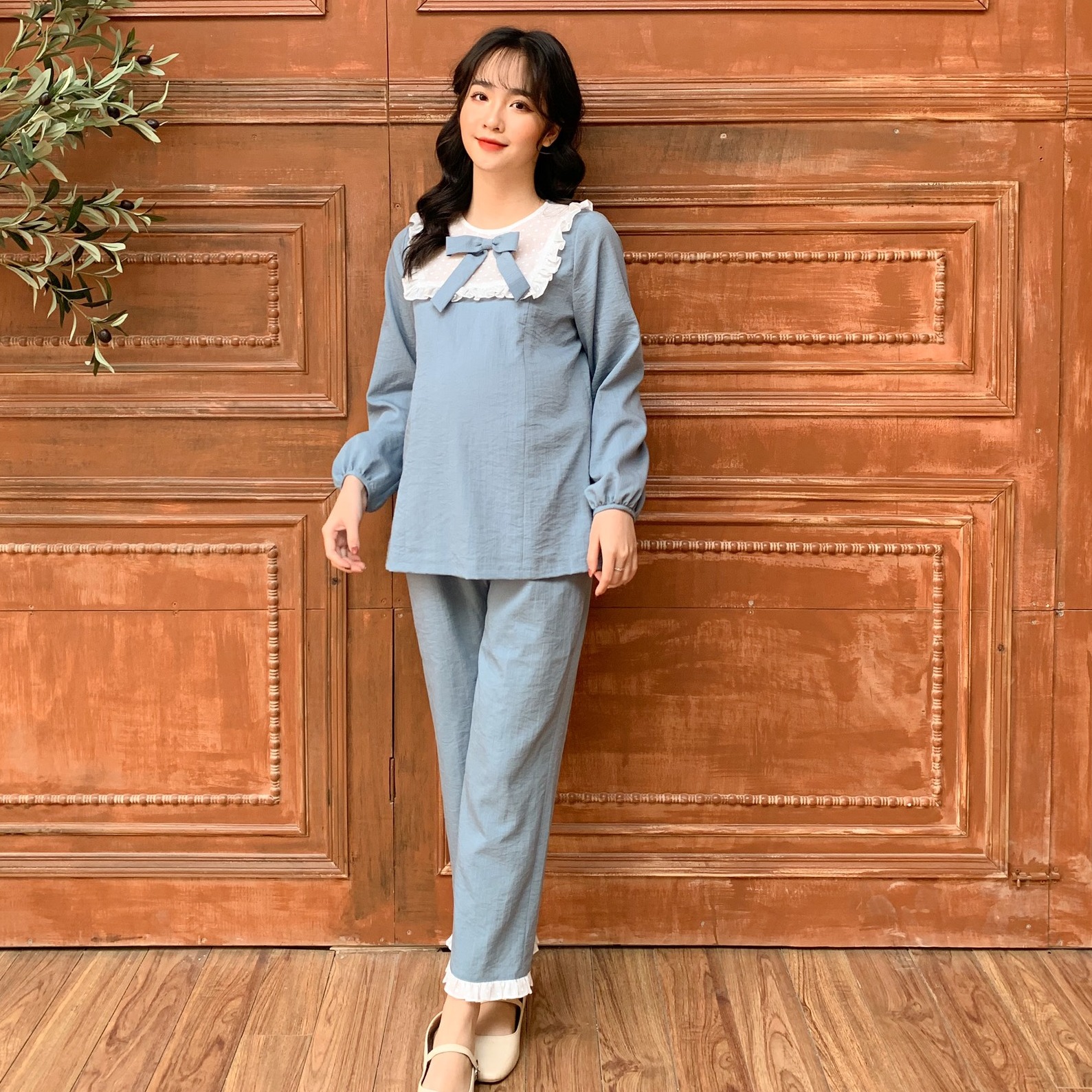 Đồ bầu mặc nhà nhung tăm cúc cài thật cho bầu sau sinh Thu Đông - Bộ bầu sau sinh thiết kế Medyla - DB164