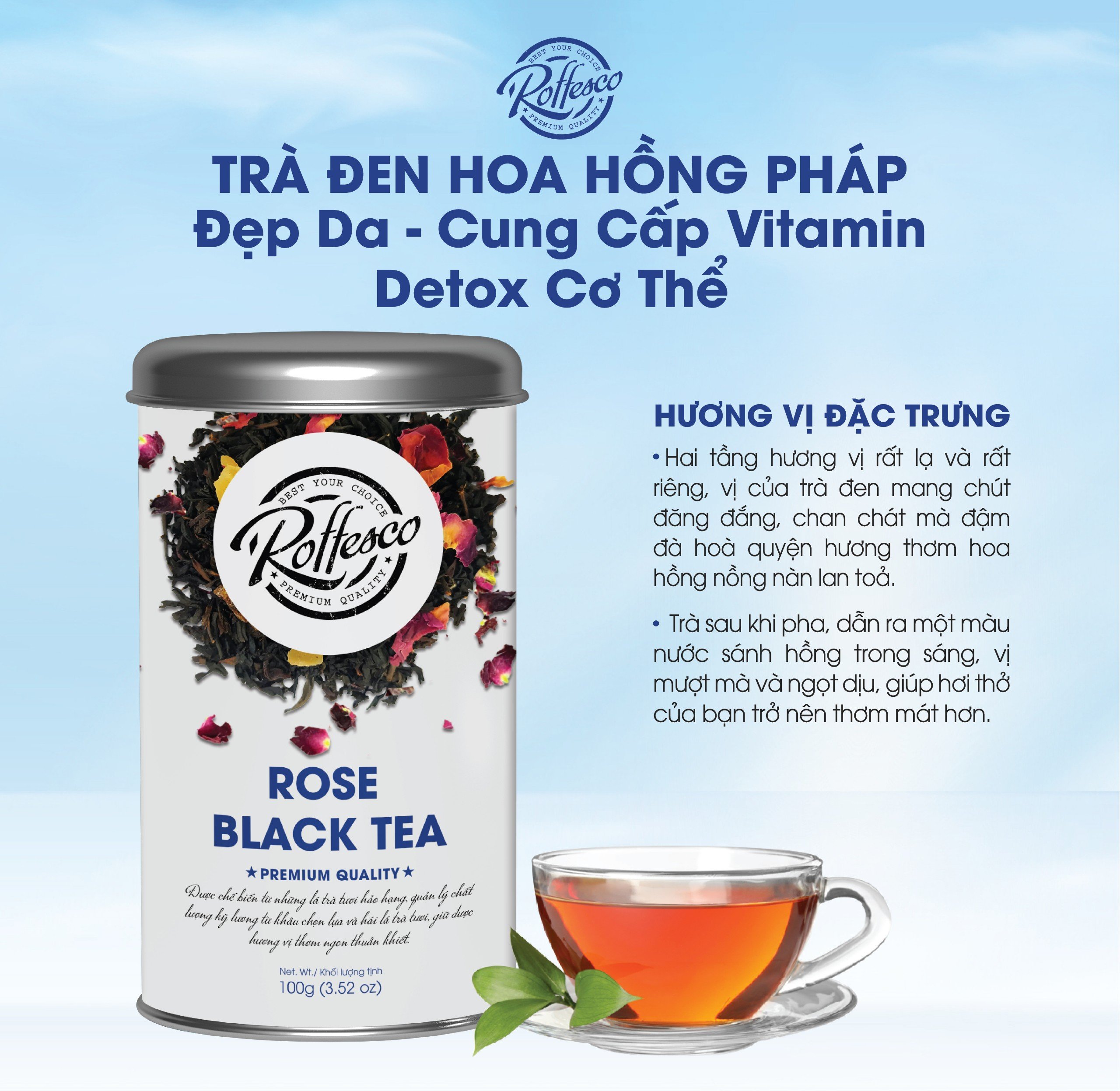 Trà đen hoa hồng pháp organic roffesco rose black tea đẹp da tốt sức khoẻ hương thơm nhẹ nhàng đậm vị trà tươi hộp 100g