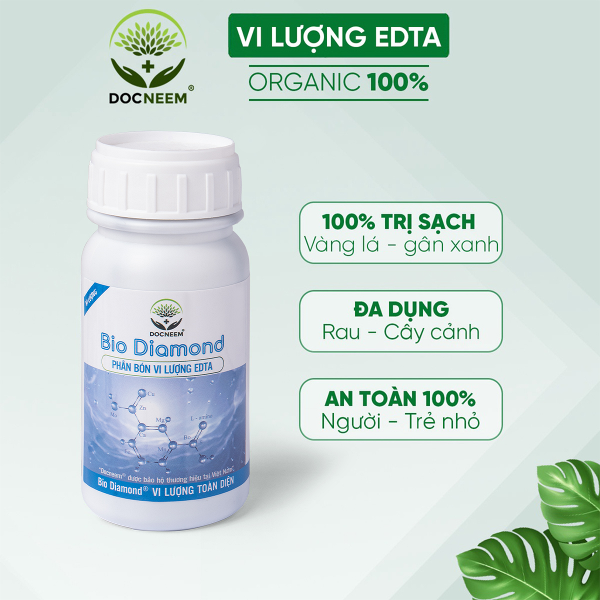 Phân bón vi lượng DOCNEEM trị vàng lá gân xanh, cho hoa hồng, hoa lan, cây cảnh trong nhà và ngoài trời, chai 250ml