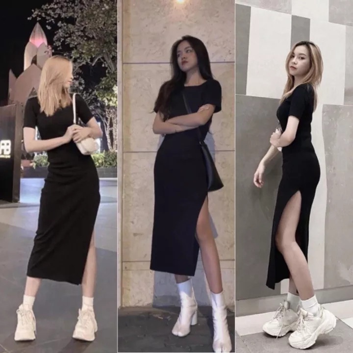 Váy đen body dáng dài ulzzang, đầm body nữ màu đen