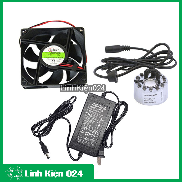Combo động cơ phun sương hb20 zin 16w có đèn và nguồn 24v 2a Tặng quạt tản nhiệt 8x8x2,5cm 24v