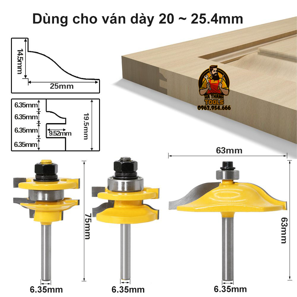 Bộ 3 Mũi Soi Làm Cánh Cửa Tủ Bếp Cốt 6ly3 - Mũi Phay Gỗ Ghép Ván Dày 20-25.4mm