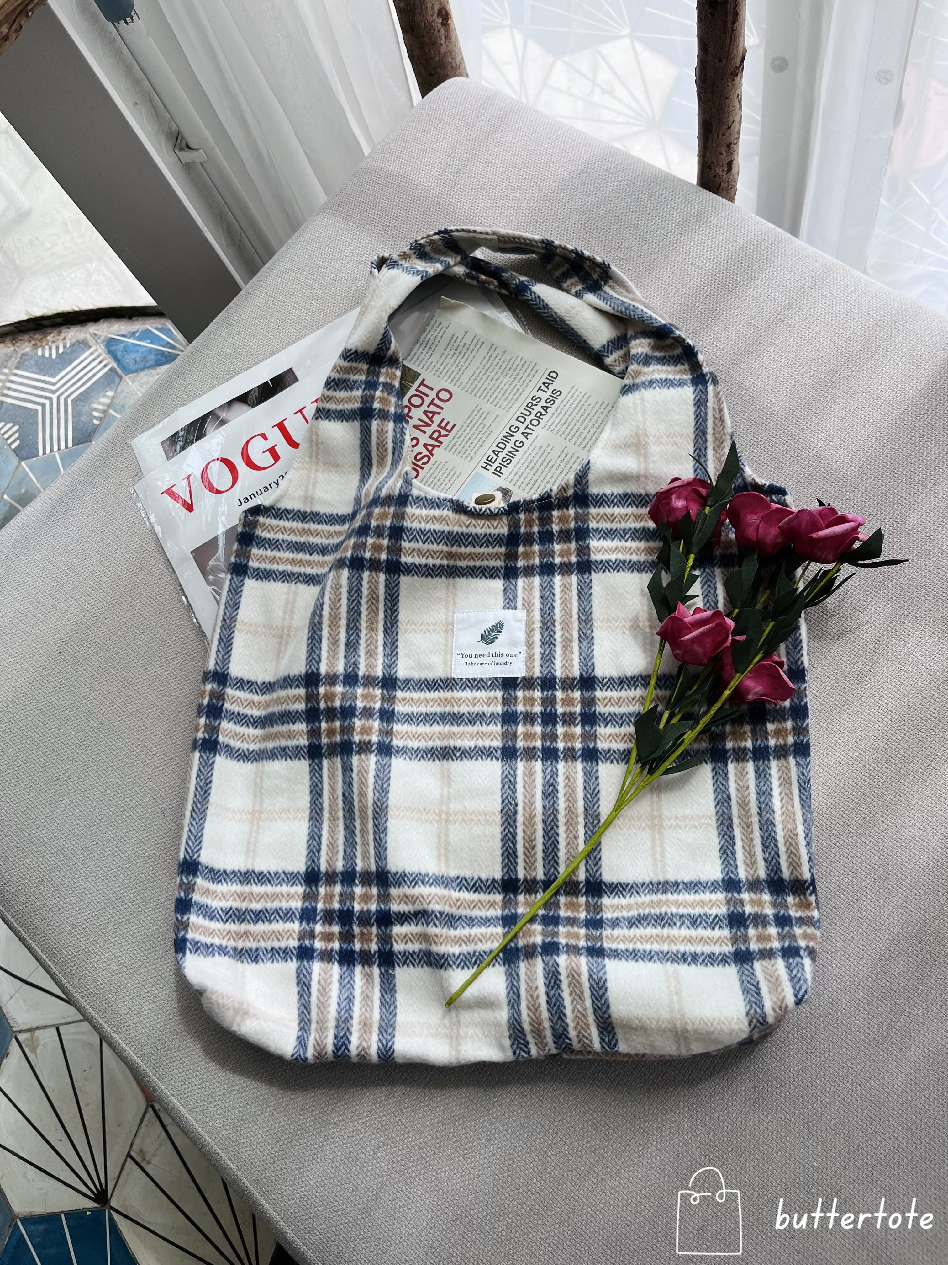 Túi tote vải nỉ mềm - caro xanh