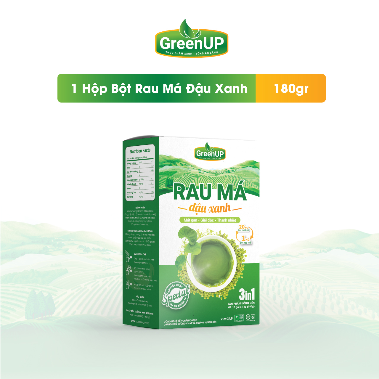 Bột Rau Má Đậu Xanh GreenUP- 1 Hộp 180g - (18g x 10 gói)- Rau Má Tươi Tươi Nguyên Chất - RMDXH01