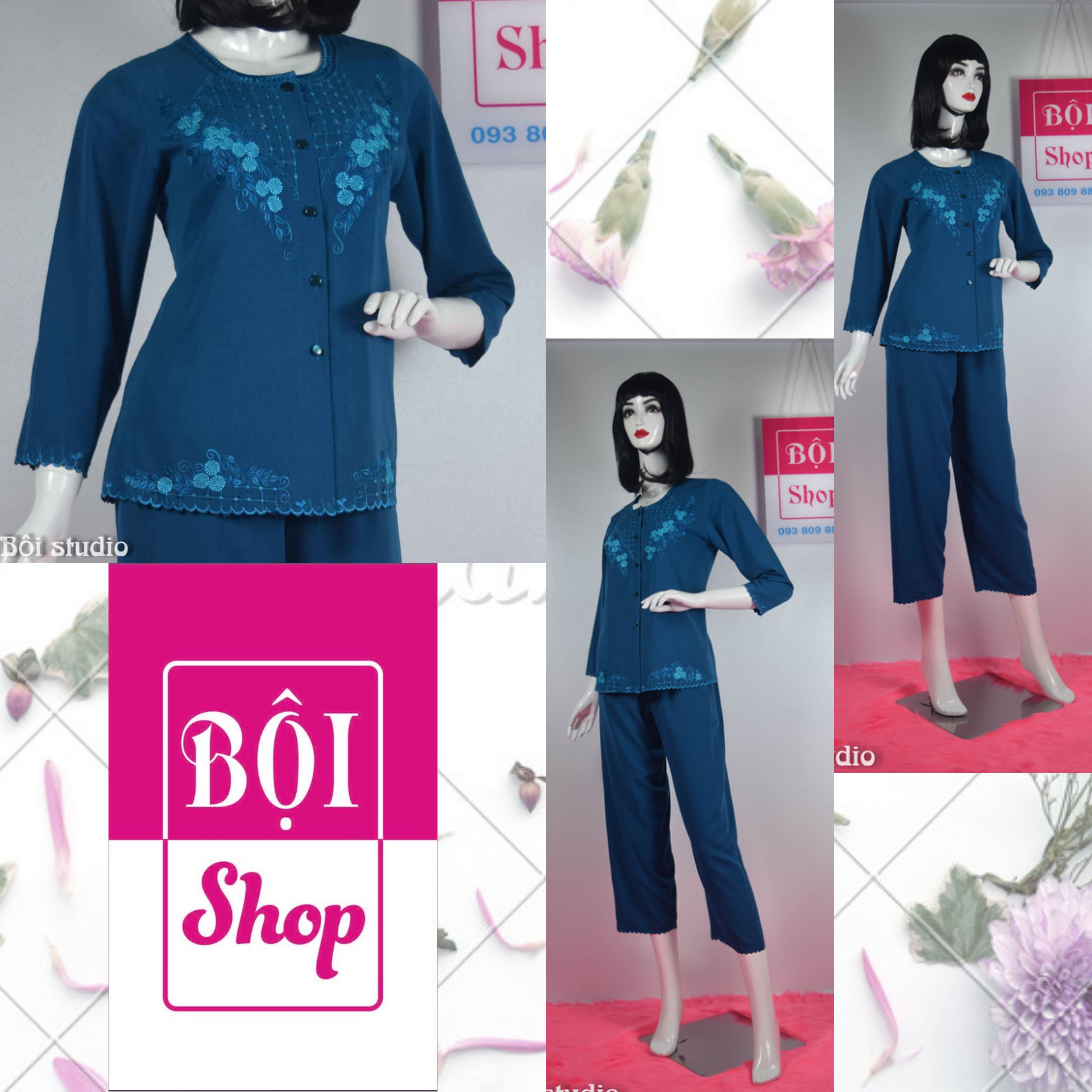 [HCM]Lụa Ấn Quần Áo Cho Mẹ Và Bà Tay Dài  Quần Dài.-DATR-XANH CO VIT