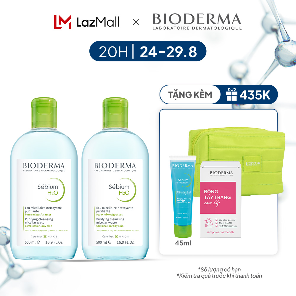 Bộ đôi nước tẩy trang Micellar cho da đầu mụn Bioderma Sebium H2O - 500mlx2