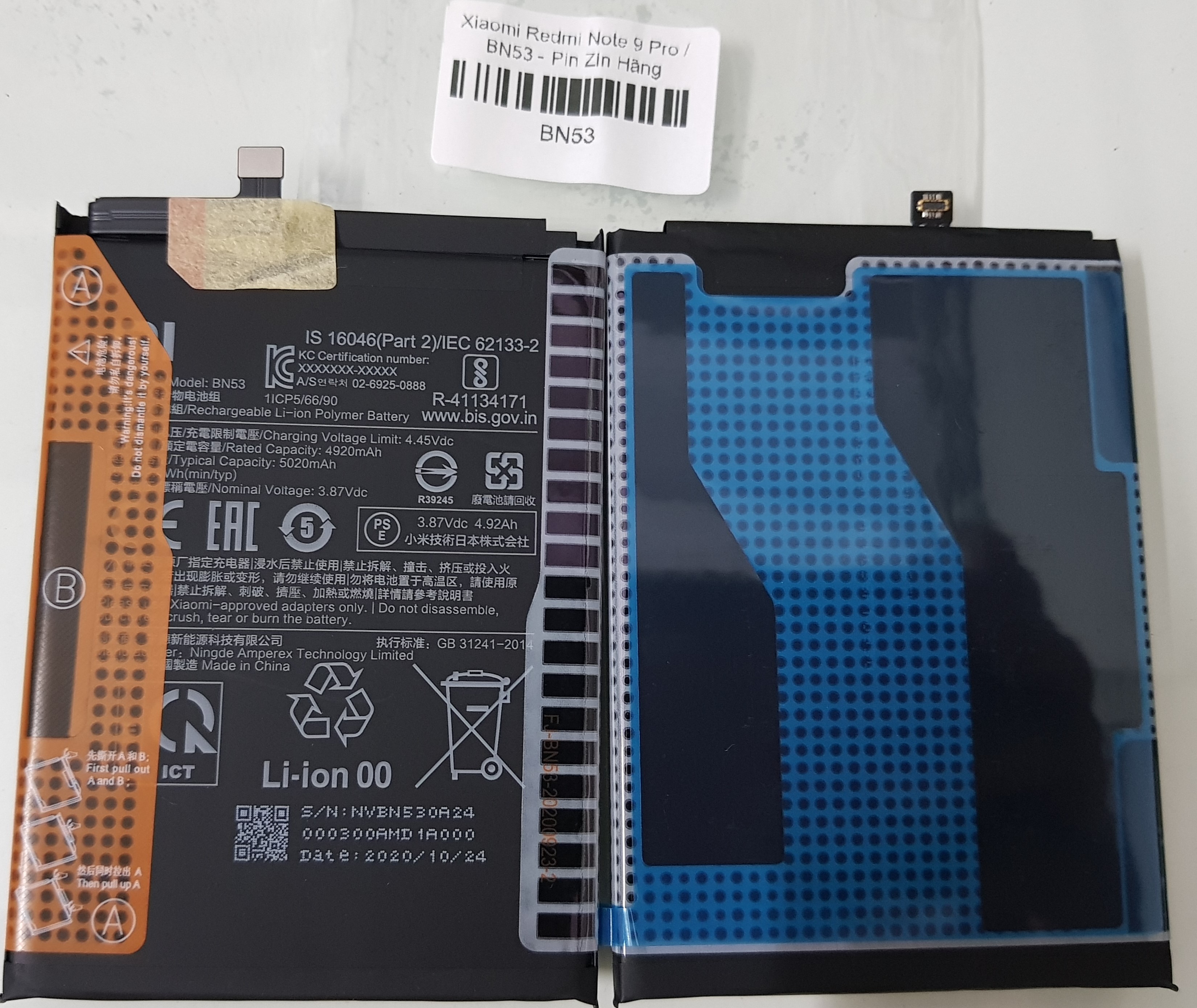 Pin xiaomi Redmi note 9 Pro zin mã BN53