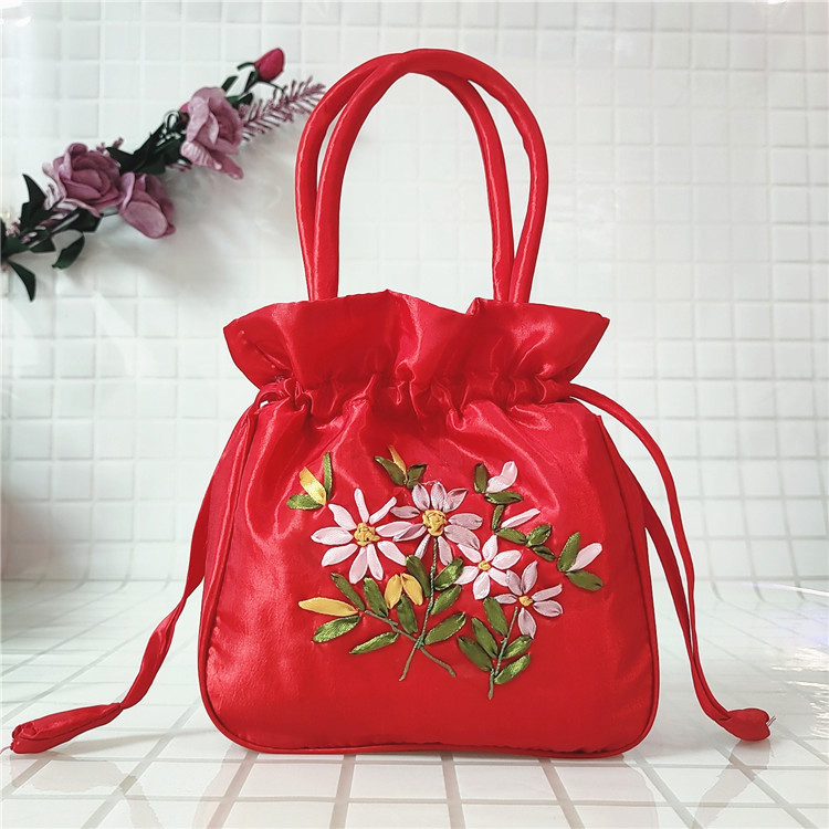 Handbag (Available) Handmade Floral Embroidery with Drawstring, Luxurious Women's Bag Made of 2-Layer Silk Fabric - 2