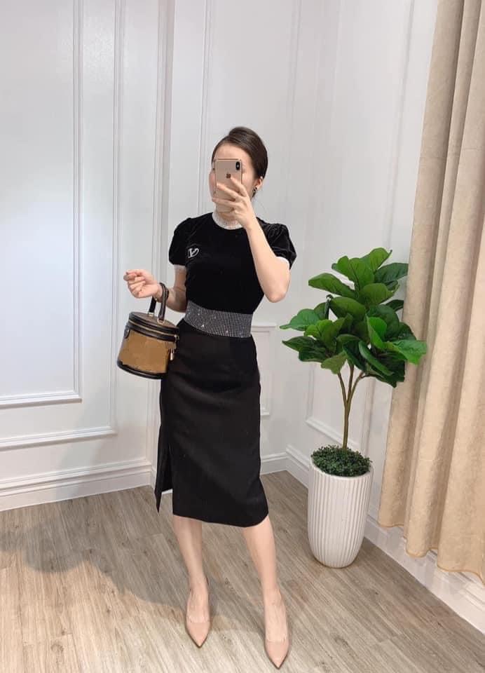 Set áo nhung đen kết hợp với chân váy đen đính đá cao cấp