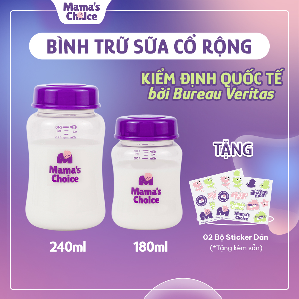 Bình Trữ Sữa Cổ Rộng Mama's Choice 180ml–240ml, Tương Thích Máy Hút Sữa Spectra, Avent, Fatz, Rozabi, Cimilre, BioHealth, Concung