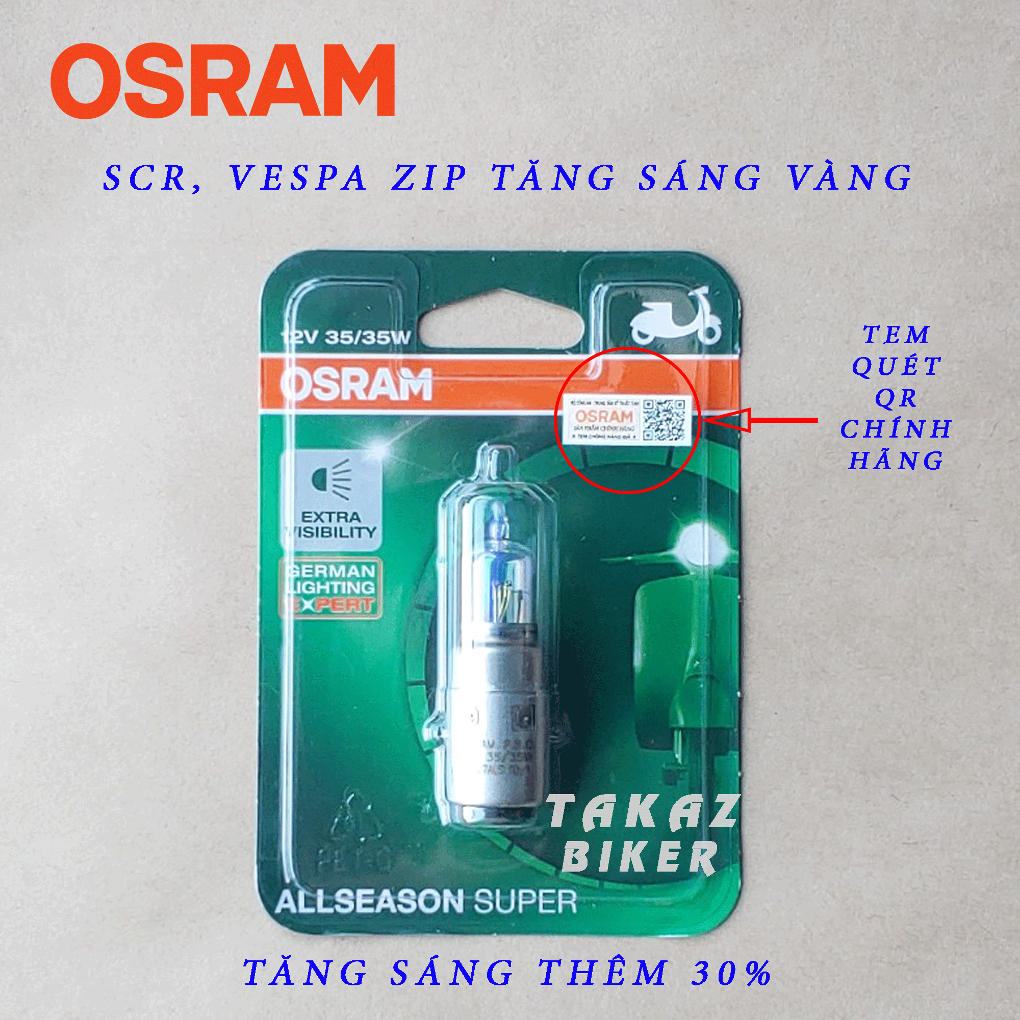 [ M5 ] Bóng đèn HALOGEN OSRAM SCR, Vespa Zip - Tăng sáng vàng phá sương +30%