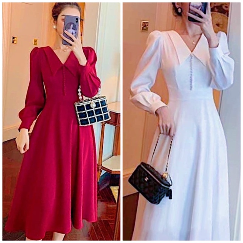 Đầm cổ vest nút bọc 2 màu