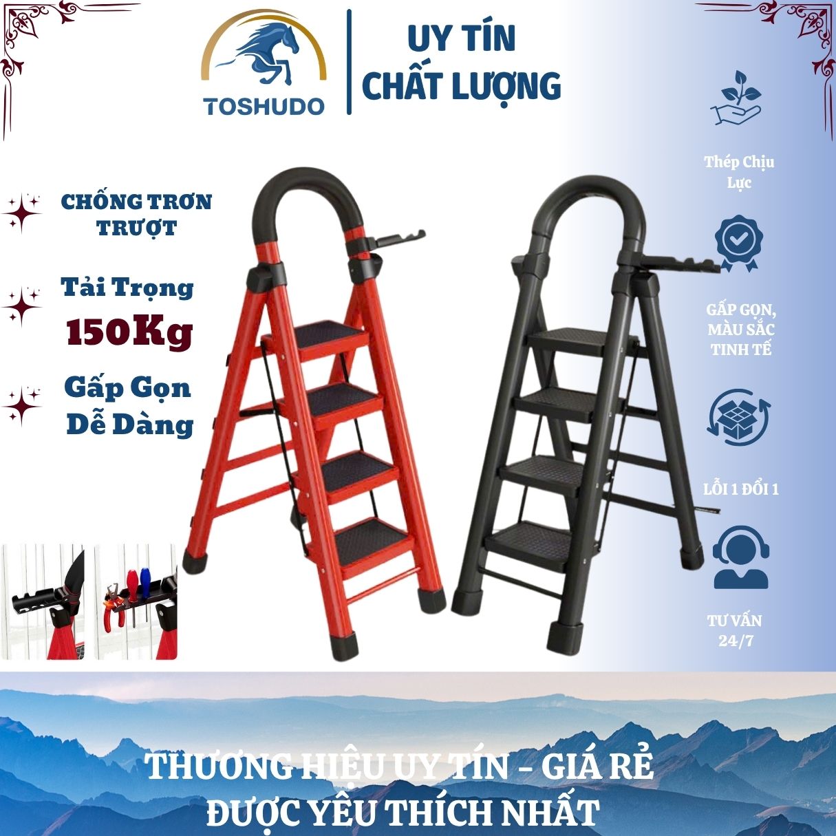 Thang Chữ A Gấp Gọn 2 - 3 - 4 - 5 Bậc TOSHUDO , Thép Chịu Lực , Chân Đế CaoSU CHống Trơn Trượt