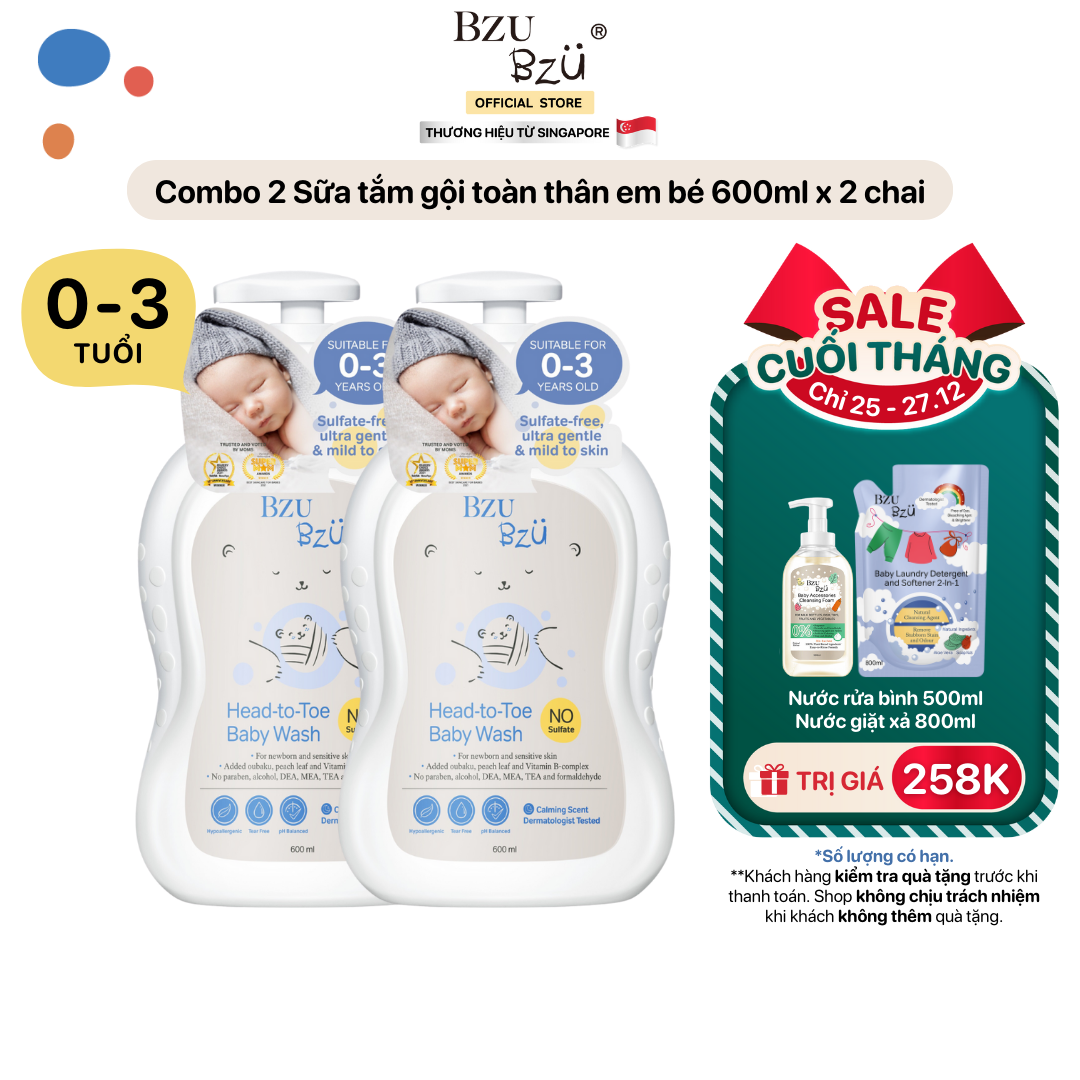 Combo 2 Chai Sữa Tắm Gội Toàn Thân Em Bé BZU BZU Head to Toe Wash Dịu Nhẹ Mềm Mại Cho Da 600ml