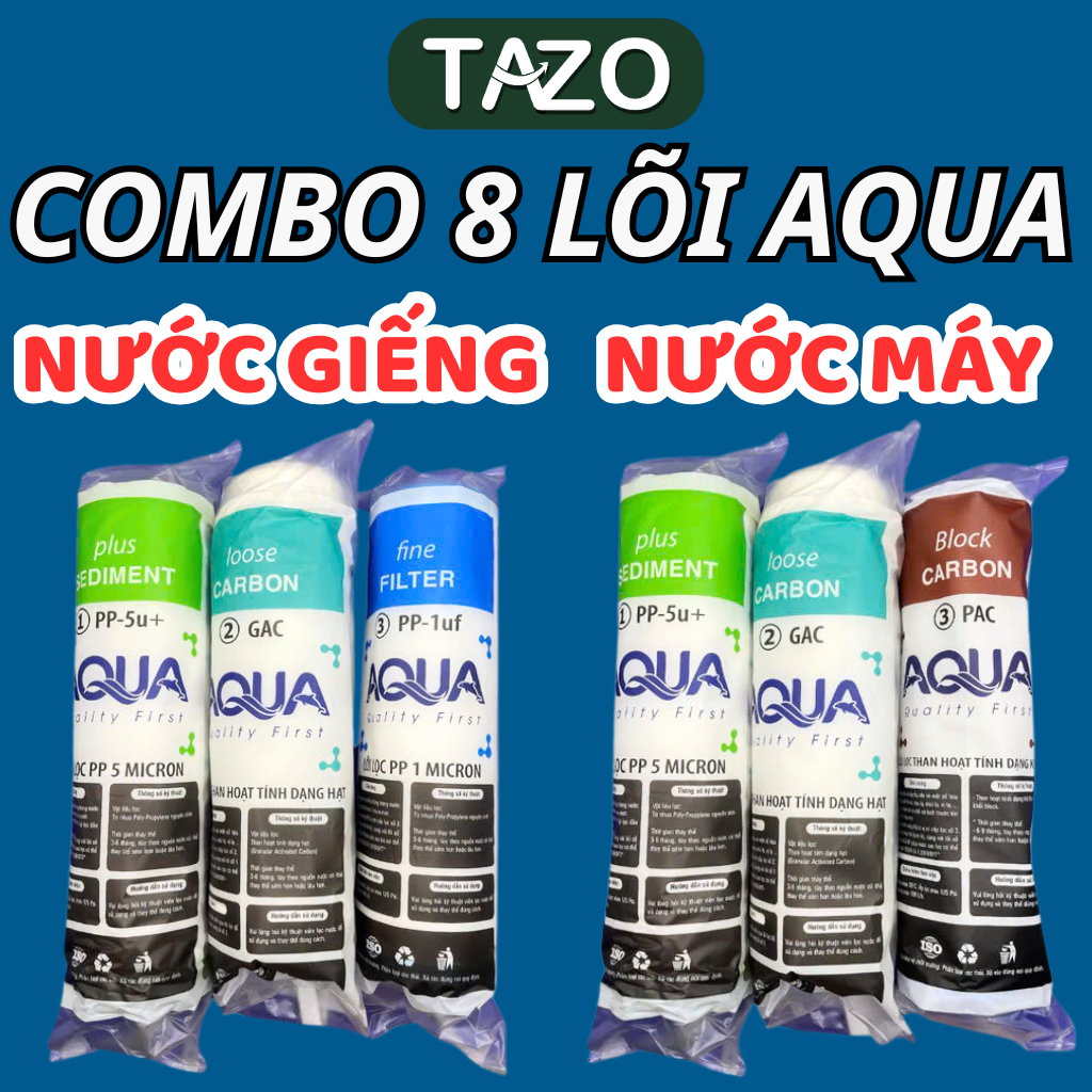 Bộ Lõi Lọc Aqua 1 2 3 CHÍNH HÃNG - Lõi Lọc Nước Số 1, Lọc Nước Thô 3 Cấp, Lọc Nước Uống Sinh Hoạt Tại Vòi - TAZO
