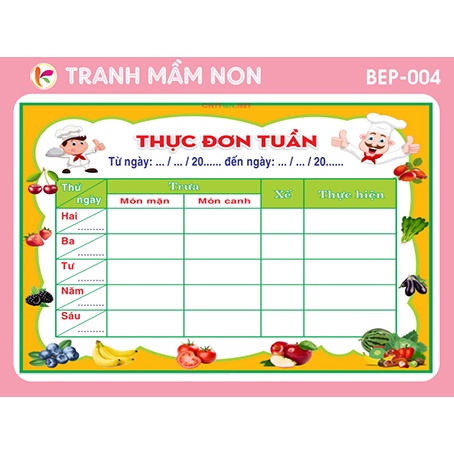 Tranh mầm non - bảng thực đơn mầm non - bep004