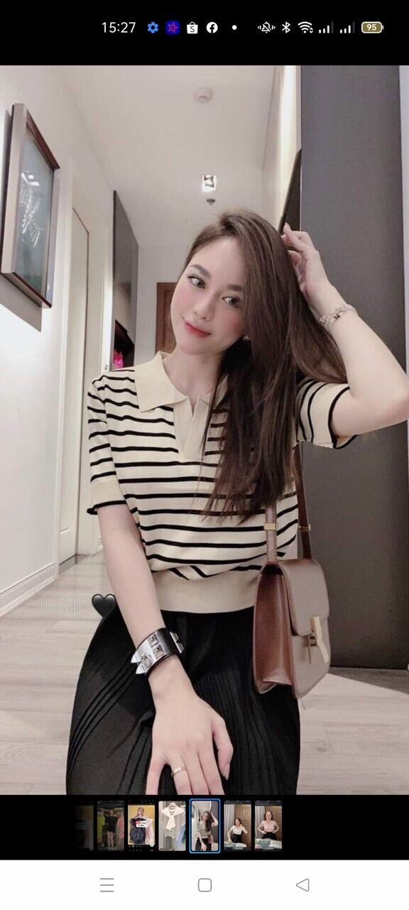 Áo len nữ dệt kim cộc tay cổ bẻ kẻ ngang