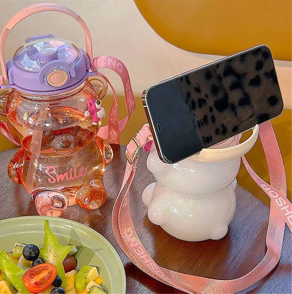 Bình nước gấu smile có quai xách, bình nước cute tặng sticker xinh xắn cho bé 1000ml siêu hot.