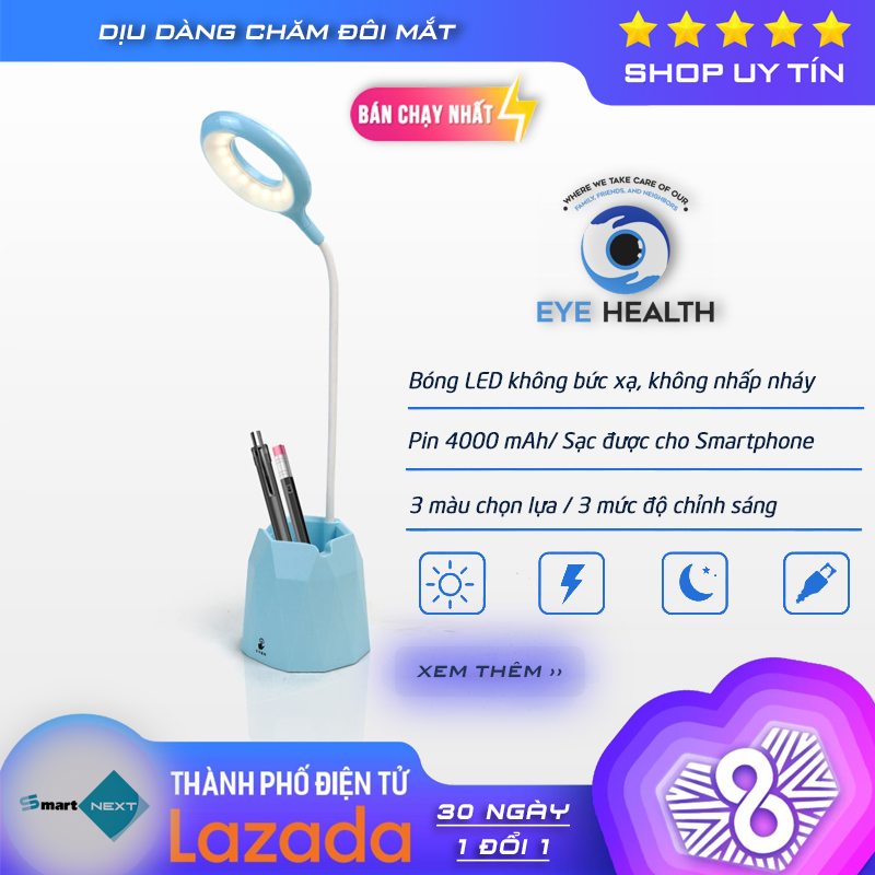 [Như sạc dự phòng] Đèn bàn học LED chống cận sạc pin 4000mAh - chức năng sạc dự phòng, đèn học cảm ứng với 3 mức ánh sáng thông minh - 3 màu sắc chọn lựa