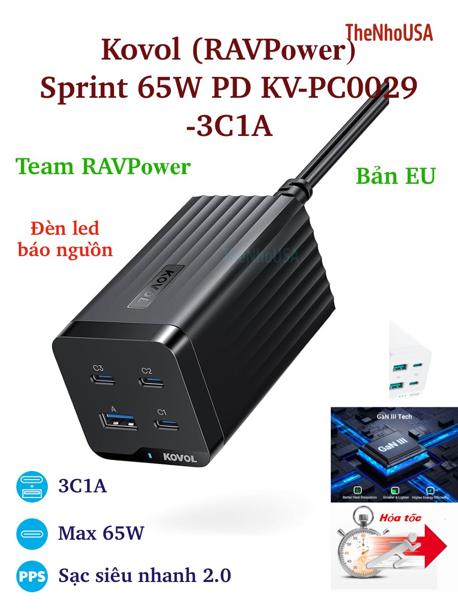 Trạm sạc nhanh Kovol Sprint 65W (RAVPower) KV-PC002 2C2A Max 65W PD PPS QC