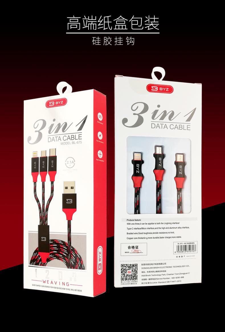 [Bảo hành 1 đổi 1[] Cáp sạc 3 đầu ra BYZ- Micro- TypeC-lOS- đa dụng -sạc nhanh - chất lượng cao